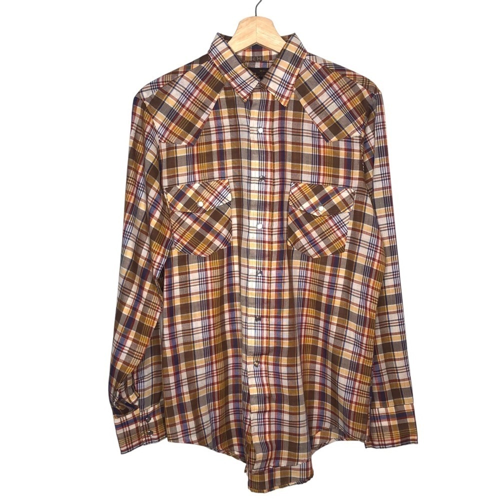 VINTAGE 70s Prep Stop Western Brown Yellow Plaid Pearl Snap Button Shirt M Med